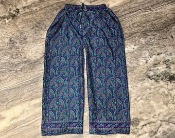 Pantalón palazzo de seda Sari reciclado hecho a mano indio, pantalones palazzo de seda para mujer, pantalón de pierna ancha con estampado floral, pantalones de yoga cómodos del festival Boho