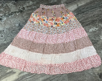 Handmade Patchwork Rayon Maxi Skirt, Tiered Hippie Style