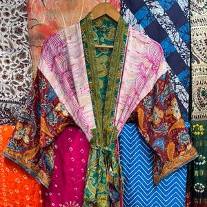 Handmade Recycled Silk Patchwork Kimono: Boho Duster Jacket, Resort Wear