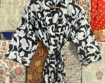 Block Print Cotton Kimono Robe: Lightweight Beach Cover-Up