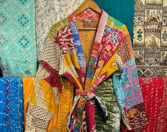 Patchwork Cotton Kantha Kimono Robe: Handmade Quilted Long Coat