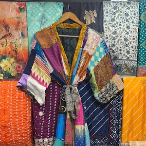 Patchwork Silk Sari Kimono Robe: Luxury Resort Wear