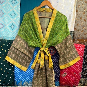 Pure Silk Kimono Robe: Lightweight Floral Art Silk, Handmade