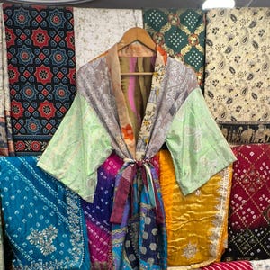 Boho Recycled Sari Silk Patchwork Duster: Hippie Kimono Robe