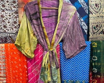 Kimono bohemio de seda reciclada / Vestido floral para estar en casa