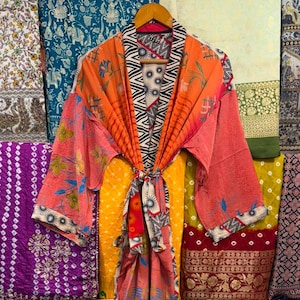 Boho Crepe Silk Floral Kimono Robe – Resort Lounge Wear, Handmade Patchwork Design