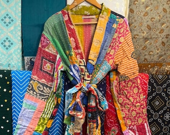 Handmade Cotton Kantha Kimono Robe: Patchwork Quilted Jacket