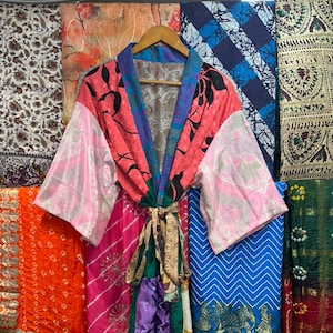 Handmade Recycled Silk Patchwork Kimono Robe: Boho Lounge Dress