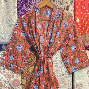 Floral Print Cotton Kimono Robe: Lightweight Ladies Dressing Gown