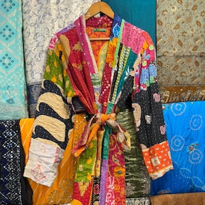 Handmade Patchwork Kantha Quilt Robe, Upcycled Cotton Kimono Overcoat
