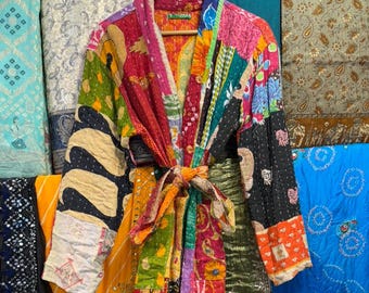 Handmade Patchwork Kantha Quilt Robe, Upcycled Cotton Kimono Overcoat