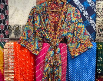 Bata kimono de seda con estampado floral bohemio, bata de descanso de lujo