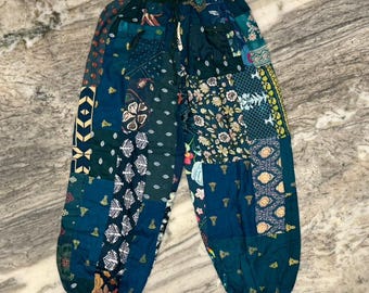 インクブルーのパッチワークハーレムパンツ | レーヨンヒッピーヨガパンツ