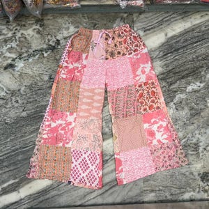 Pantalon palazzo patchwork fait main, pantalon bohème hippie en coton, pantalon d'été à jambes larges pour femme