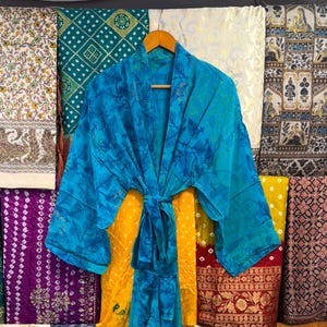 Handmade Floral Crepe Silk Kimono Robe: Boho Sari Gown
