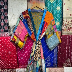 Kimono Boho Patchwork de Seda: Sári Reciclado, Roupa Boho para Festas