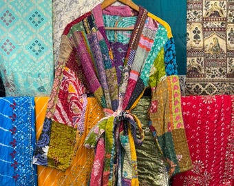 Handmade Patchwork Kantha Stitch Kimono Robe, Cotton Quilted Jacket