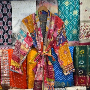 Handmade Cotton Kantha Quilted Kimono Robe: Patchwork Duster