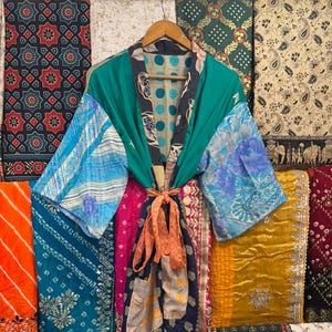 Kimono met patchwork van gerecyclede zijde: boho loungejurk, strandkleed grote maten