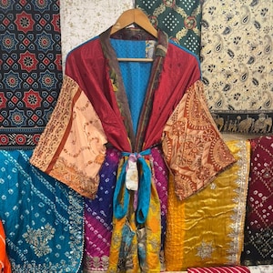 Handmade Recycled Silk Patchwork Kimono Robe, Plus Size Lounge Wear