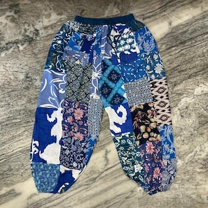 インクブルーのパッチワークハーレムパンツ | レーヨンヒッピーヨガパンツ