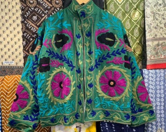 Handmade Suzani Embroidery Cotton Jacket, Bohemian Bomber Coat, Handmade Cotton Suzani Jacket, Boho Embroidered Coat, Festival Boho Clothing