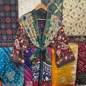 Hand Embroidered Phulkari Kimono: Indian Patchwork Robe