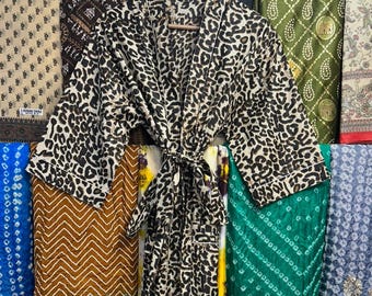 Handmade Leopard Print Cotton Kimono Robe, Boho Lounge Wear