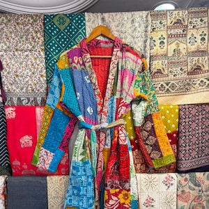 Handmade Patchwork Kantha Stitch Kimono Robe, Cotton Quilted Jacket