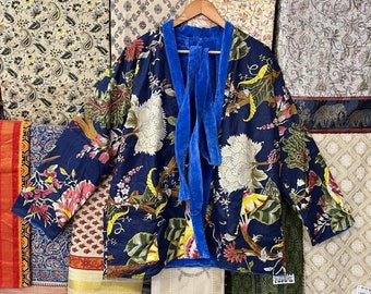 Chaqueta corta reversible de algodón de terciopelo, chaqueta de terciopelo con estampado floral, abrigo de terciopelo hecho a mano para mujer, chaqueta de terciopelo con bolsillos, regalo para ella