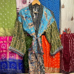 Handmade Long Silk Patchwork Kimono: Boho Duster Robe