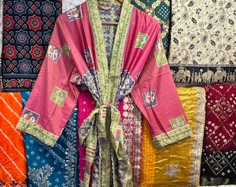 Silk Sari Kimono Robe, Floral Duster, Boho Lounge Gown