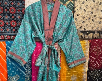 Handmade Silk Blend Kimono Robe: Floral Boho Lounge Dress