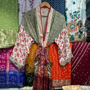 Recycled Saree Silk Kimono Robe: Patchwork Dressing Gown, Bridal Lounge Wear