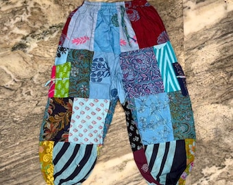 Handmade Patchwork Cotton Harem Pants, Elastic Waist Yoga Joggers (Turquoise)
