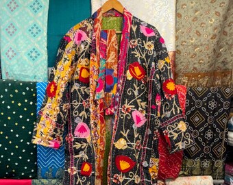 Hand Stitched Kantha Suzani Kimono Robe, Floral Embroidery Jacket With Belt