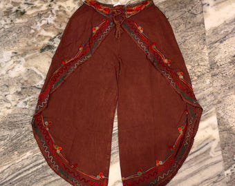 Embroidered Rayon Palazzo Pants: Boho Hippie Wide Leg Trousers