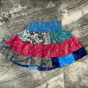 Handcrafted Silk Boho Mini Skirt: Colorful Recycled Fabric, Elastic Waist