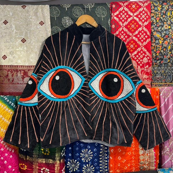 Black Velvet Suzani Jacket, Evil Eye Embroidered Boho Outerwear