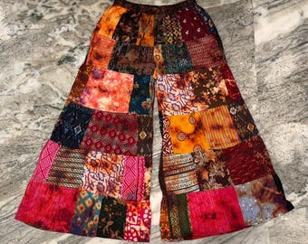 Handgemaakte katoenen patchworkbroek met wijde pijpen, boho flare-broek, bohokleding