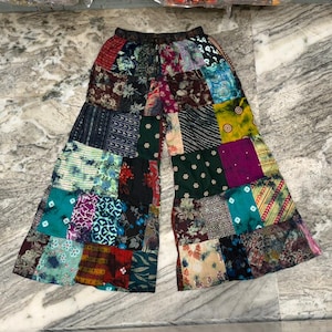 Handgemaakte patchwork katoenen broek met wijde pijpen, boho hippiefestivalbroek