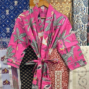 Animal Print Cotton Kimono Robe: Handmade Ladies Dressing Gown