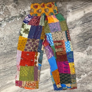 Recycled Sari Silk Patchwork Pants: Bohemian Wide Leg Palazzo