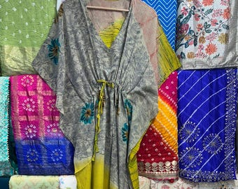 Handmade Printed Silk Crepe Kaftan Dress: Loose Fit Maxi Tunic