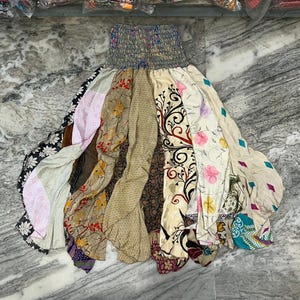 Recycled Sari Silk Patchwork Skirt: Colorful Ruffle Midi