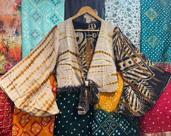 Crepe Silk Tie-Dye Crop Top: Boho Bell Sleeve Handmade Top