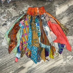 Silk Sari Patchwork Skirt, Recycled Colorful Ruffle Over skirt indian patch work dress