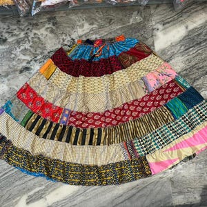 Handmade Silk Patchwork Tiered Skirt: Earth Tone Festival Flared Skirt