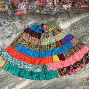 Boho Patchwork Recycled Silk Skirt: Tiered Maxi Skirt, Plus Size