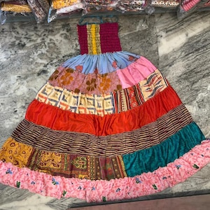 Handmade Recycled Silk Patchwork Skirt: Layered Boho Maxi